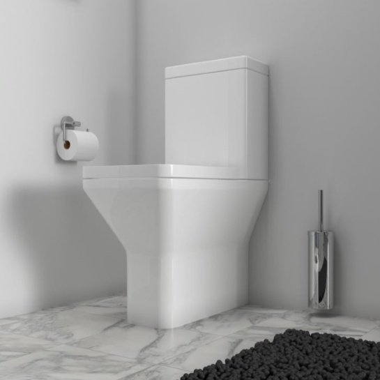 Ashford Close Coupled Ceramic Toilet with Short Projection Fully Back to Wall Pan Room Scene View of Ashford Close Back Toilet with Rimless Pan