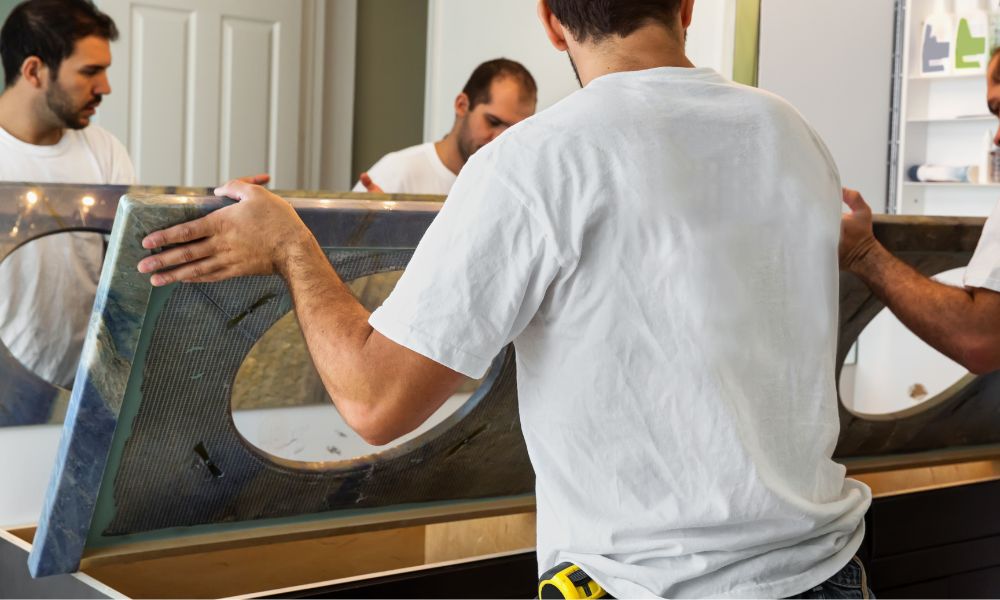 Men Installing a Double Wall Hung Vanity Unit