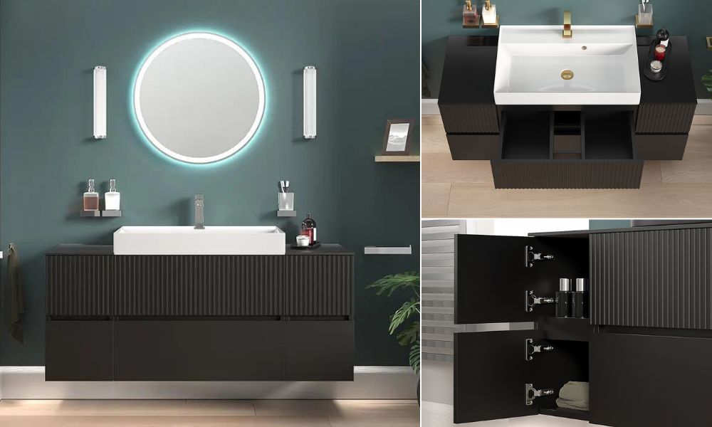 Jasmine Black 1300mm Wall Hung Vanity Unit with White Basin & Two Side Units