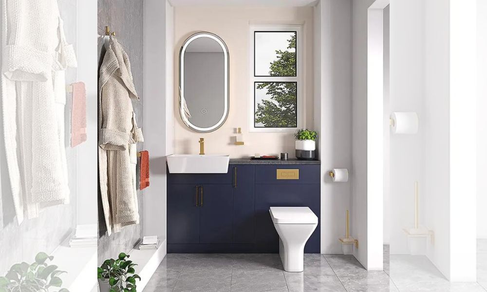 Oliver 1400 Navy Blue Fitted Furniture: Combination Vanity Unit with Gold Handles