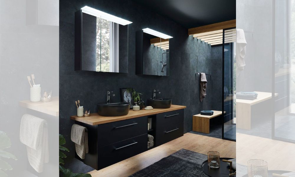 Pelipal Large Wall-Hung Vanity Unit with Double Black Basins and Oak Worktop