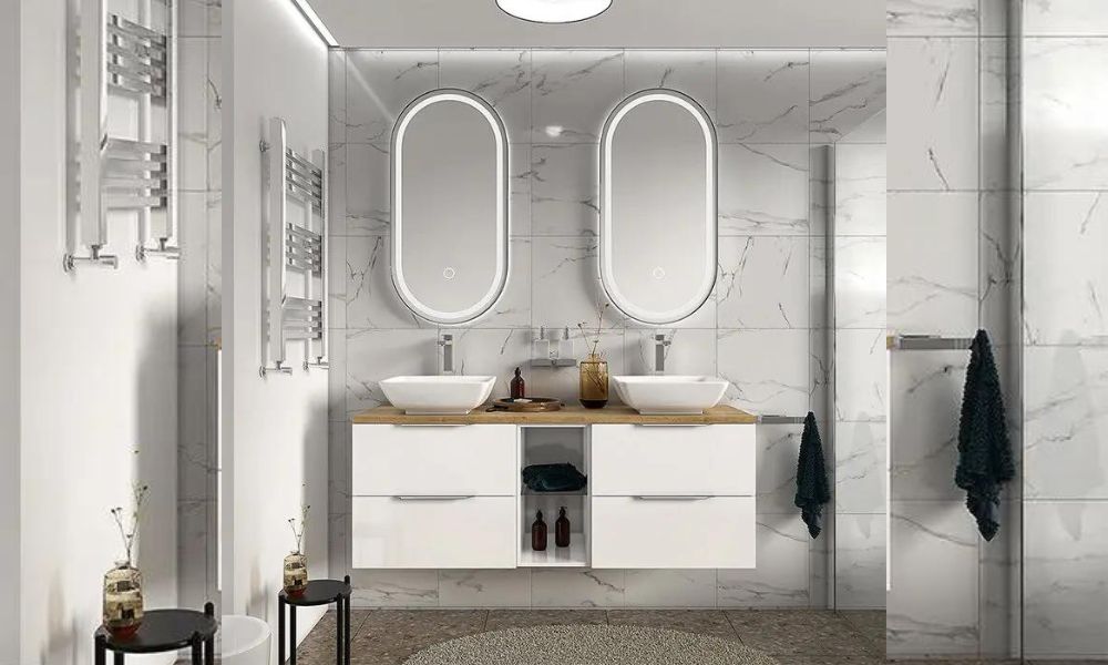 Sonix White Double Vanity Unit with Oak Worktop and Oval LED Mirrors