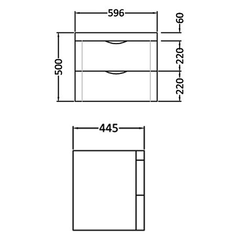 Parade 600 Wall Hung 2 Drawer Basin & Cabinet Specification Diagram