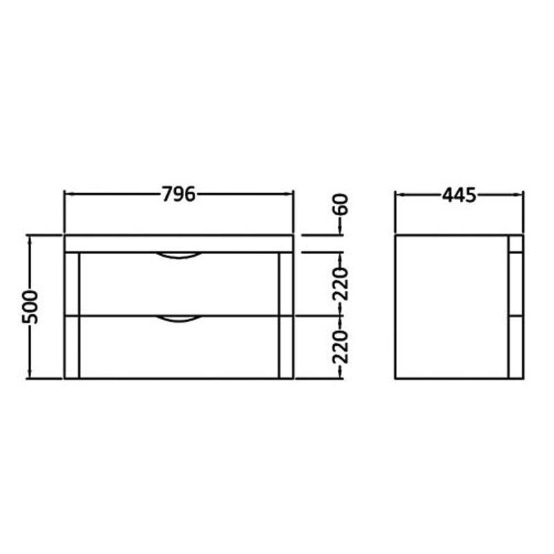 Parade 800 Wall Hung 2 Drawer Basin & Cabinet Specification Diagram