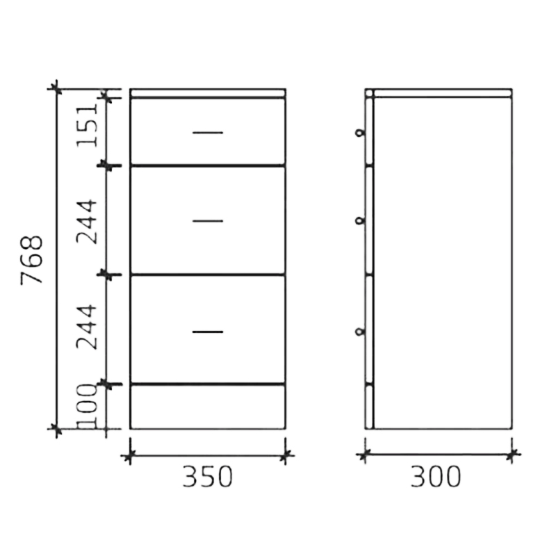 New Ecco 350 X 300  3 Drawer Unit Specification Diagram