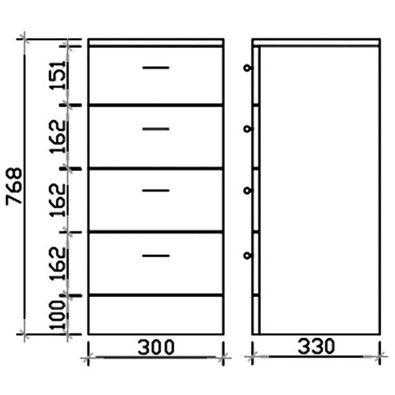 New Ecco 300 X 330 4 Drawer Unit Specification Diagram