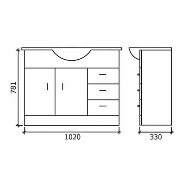 New Ecco 1050mm Vanity Unit with Basin Specification Diagram