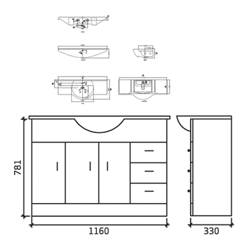 New Ecco 1200mm Large Vanity Unit with Basin Specification Diagram