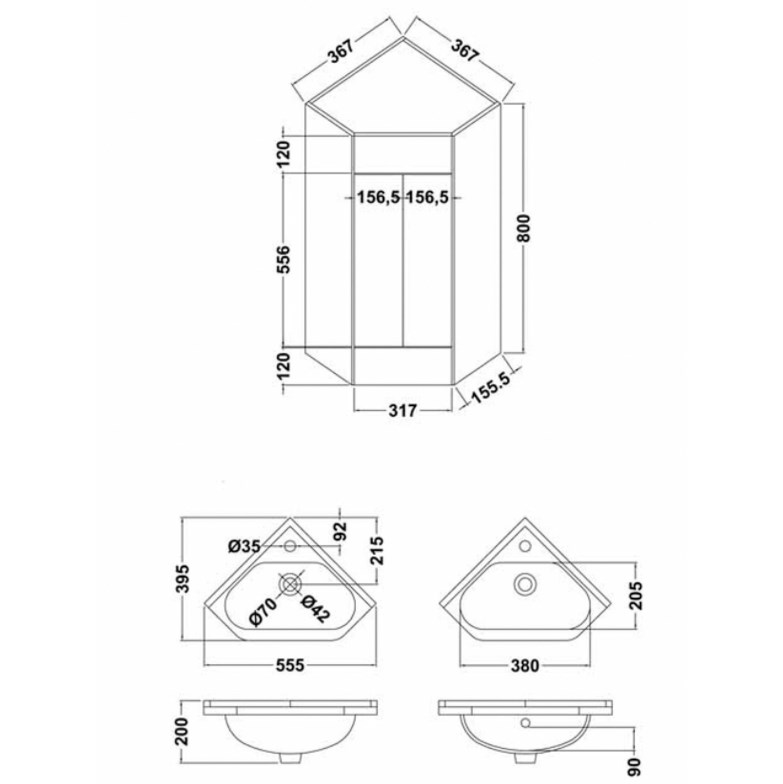 New Ecco Corner Unit And Basin Specification Diagram