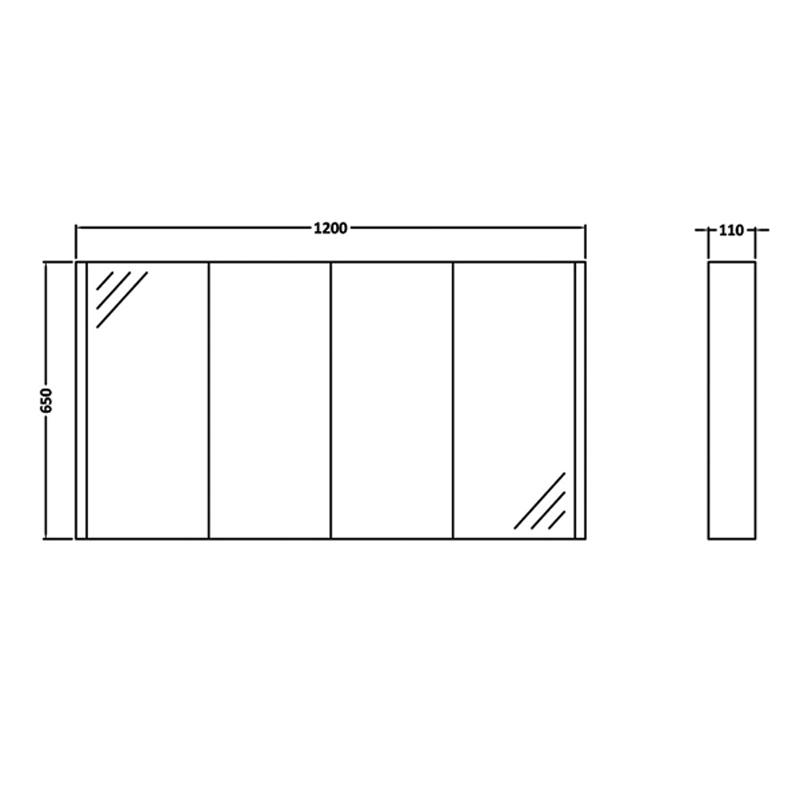 Mercury 1200mm 4 Door Mirrored Cabinet Specification Diagram