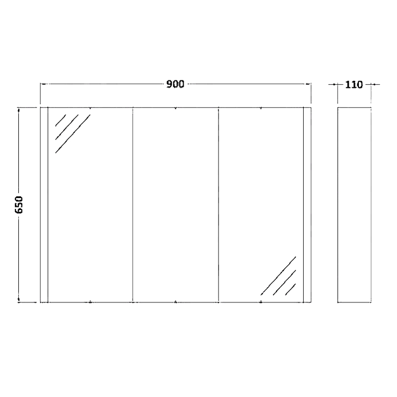 Mercury 900mm Mirror  Cabinet With 3 Doors Specification Diagram