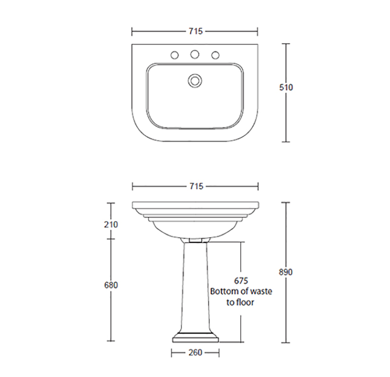 Carlyon Large Basin 715mm With Pedestal Specification Drawing