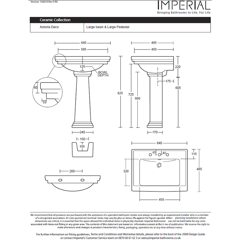 Astoria Deco Large Basin 640mm White And Large Pedestal White Specification Drawing