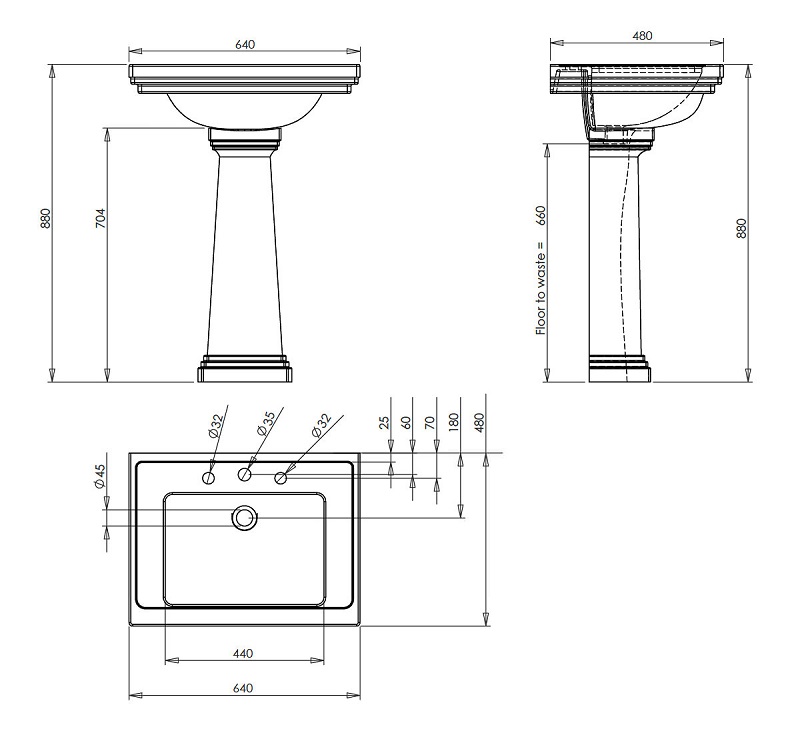 Line drawing of Astoria Deco White Basin 640mm And Tall Large Pedestal