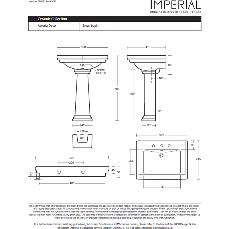 Astoria Deco Small White Basin 520mm With Small Pedestal White Specification Drawing