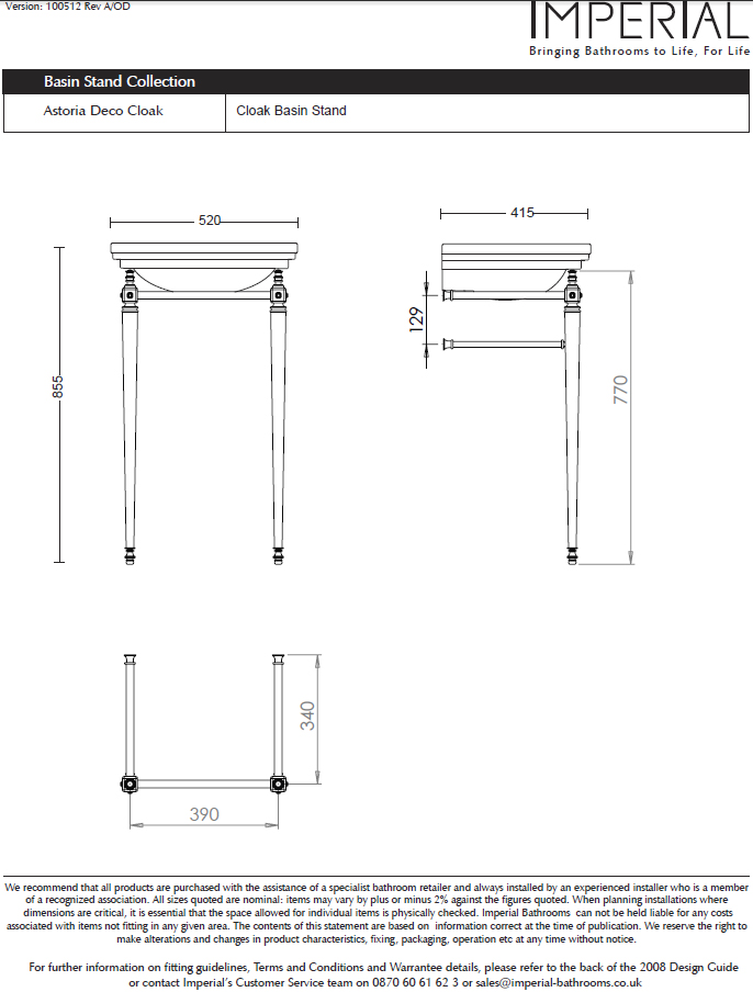 Astoria Deco Cloak Basin 520 White 1TH With Cloak Basin Stand inc Towel Rack Specification Diagram