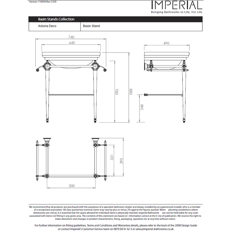 Astoria Deco Large Basin 640mm White 3TH With Large Basin Stand Specification Diagram