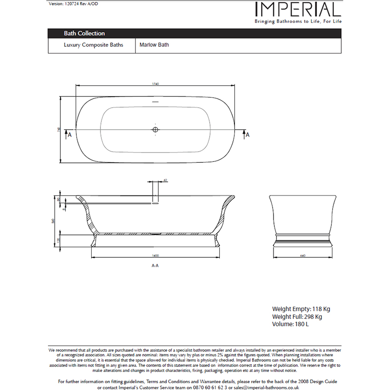 Marlow Freestanding Oval Classic Bath Specification Diagram