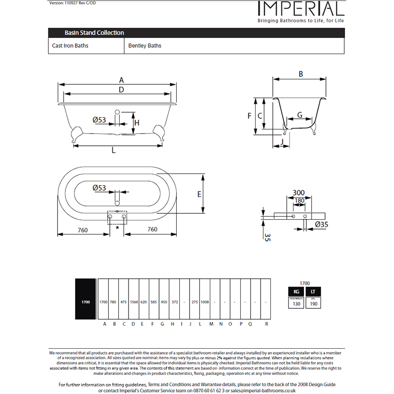 Bentley Double Ended Bath 0TH With Imperial Feet Specification Diagram