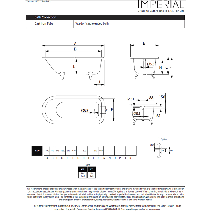 Waldorf Single Ended Bath 2TH With Ball And Claw Feet Specification Diagram