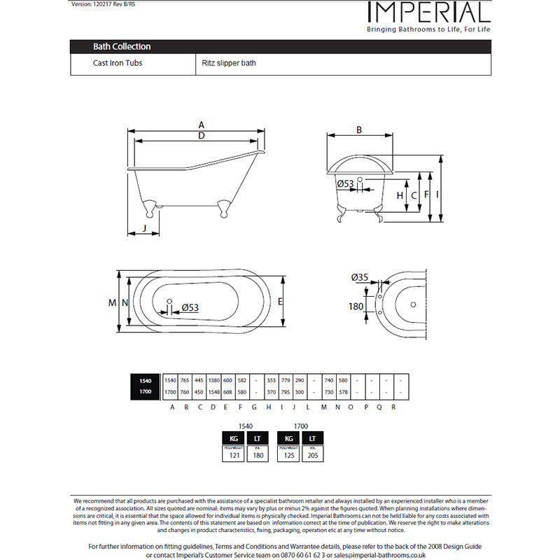 Ritz Slipper Bath 0TH 1540mm With Imperial Feet Specification Diagram