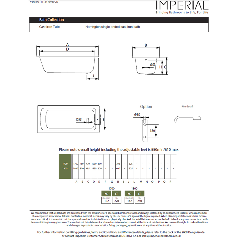 Harrington Single Ended Cast Iron Bath (Imperial Bath Panels Sold Separately) Specification Diagram