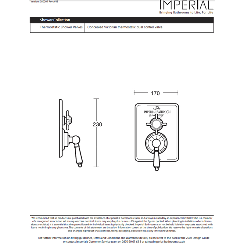 Concealed Victorian Thermostatic Dual Control Valve Specification Diagram