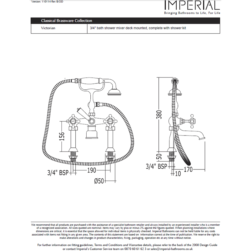 Victorian 3/4 Bath Shower Mixer Deck Mounted Complete With Shower Kit Specification Diagram