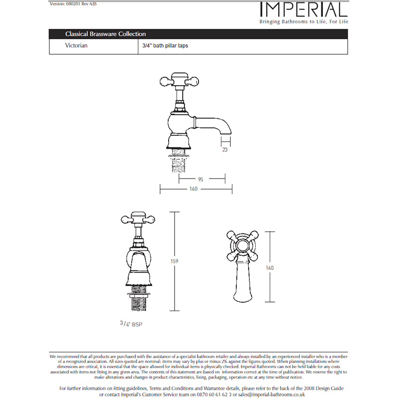 Victorian 3/4 Bath Pillar Taps Specification Diagram