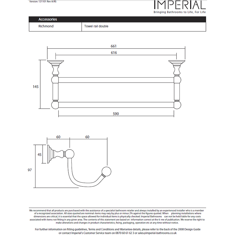 Richmond Wall Mounted Double Towel Rail 66cm Specification Diagram