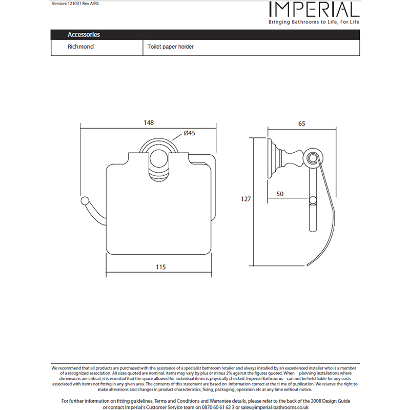 Richmond Wall Mounted Closed Toilet Roll Holder Specification Diagram