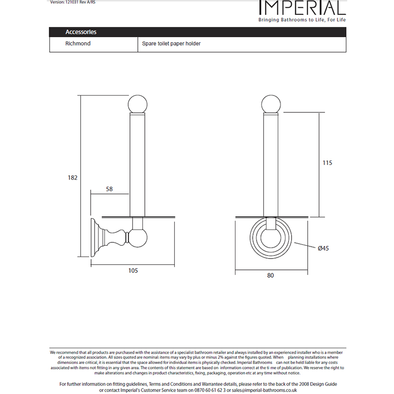 Richmond Wall Mounted Spare Toilet Roll Holder Specification Diagram