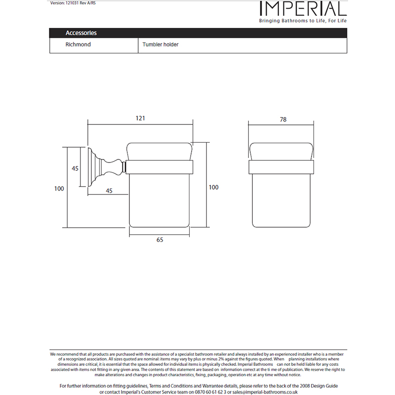 Richmond Wall Mounted Tumbler Specification Drawing