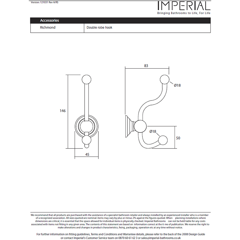 Richmond Double Robe Hook Specification Diagram