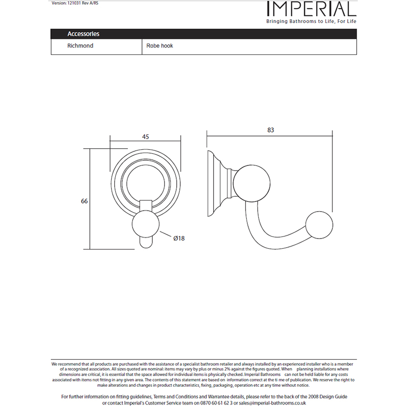 Richmond Single Robe Hook Specification Diagram