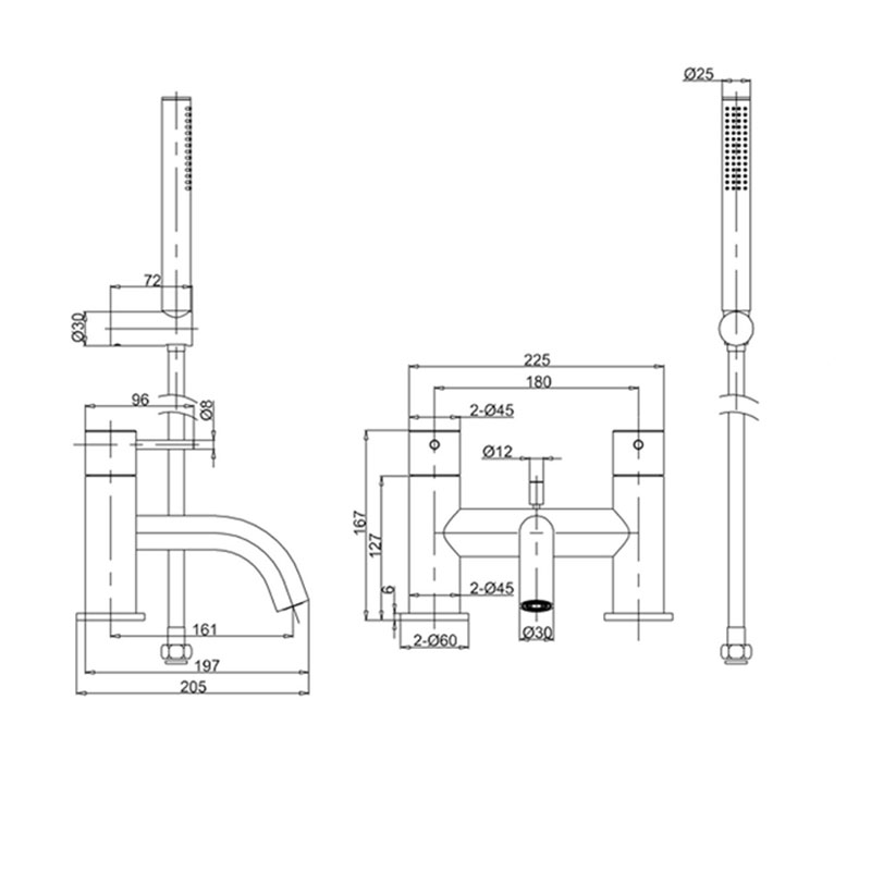 Mike Pro Shower Mixer With Kit Deck Mounted Chrome Specification Drawing