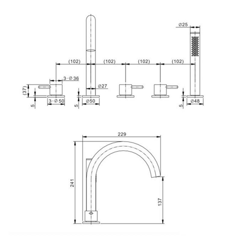 Mike Pro Bath 5 Hole Set Deck Mounted Chrome Specification Drawing