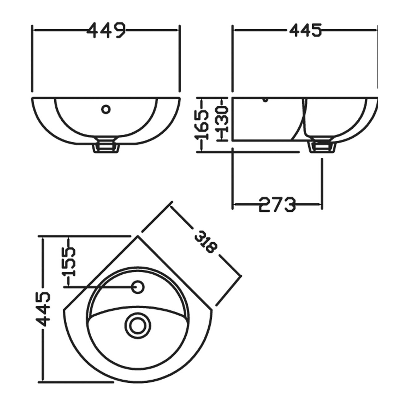 Brisbane Corner Wall Mounted Basin Specification Diagram