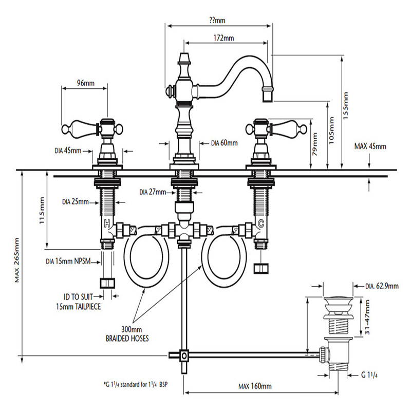 Glastonbury 3TH Swivel Spout Basin Tap Specification Diagram