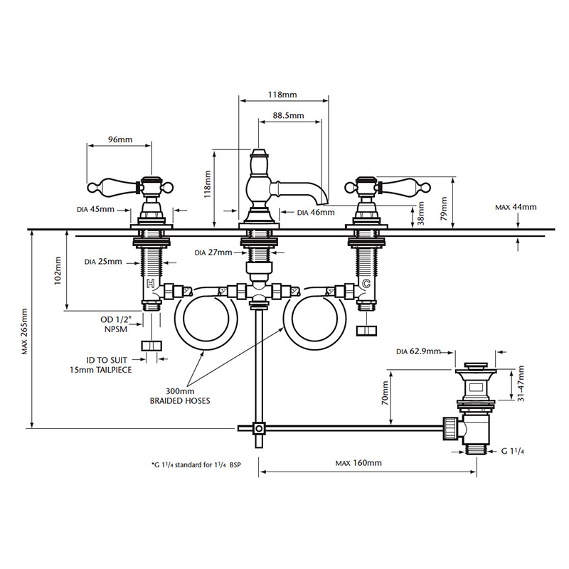 Glastonbury 3TH Basin Mixer Chrome Specification Diagram