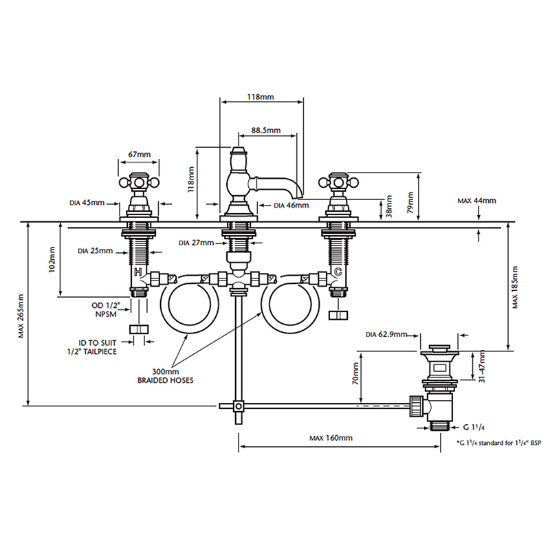 Hartlebury 3TH Basin Mixer Chrome Specification Diagram