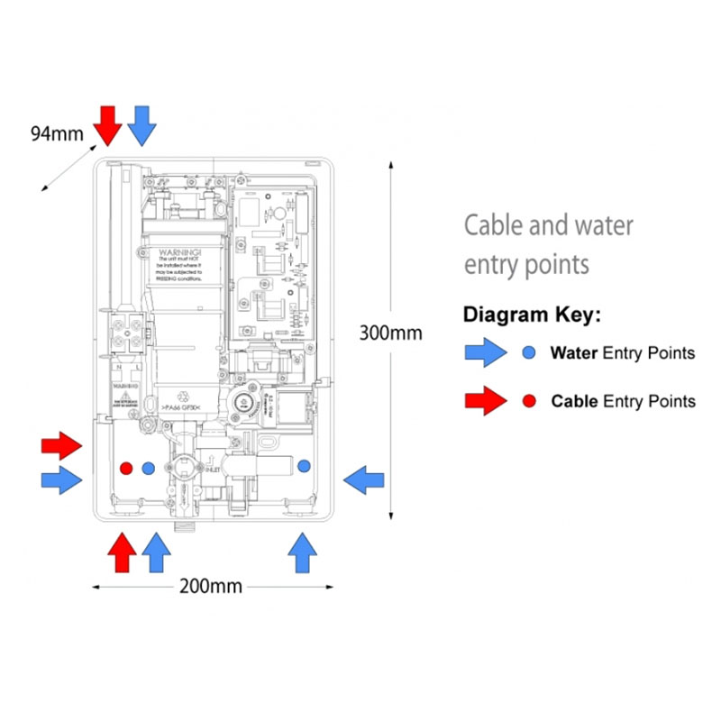 Elegance Electric Shower 9.5kW black speckled and chrome Specification Diagram