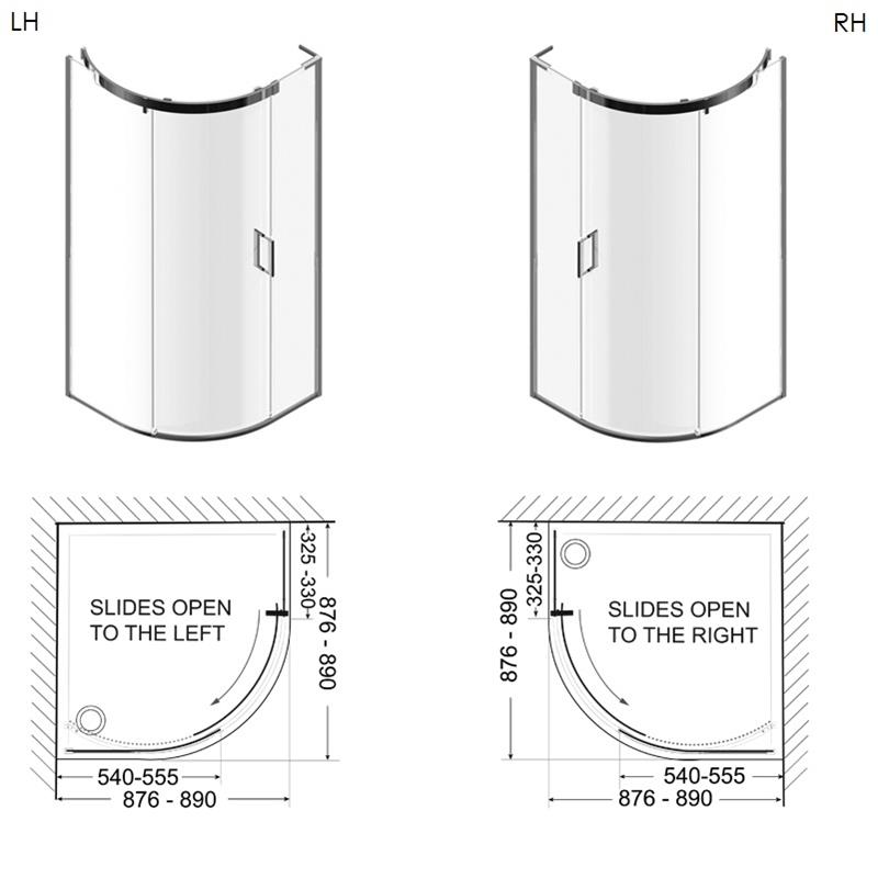 Eauzone Curved Sliding Door Corner 900mm Specification Diagram