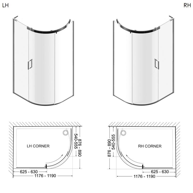 Eauzone Curved Sliding Door Corner 1200mm Specification Diagram