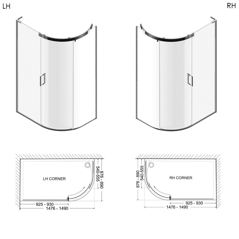 Eauzone Curved Sliding Door Corner 1500mm Specification Diagram