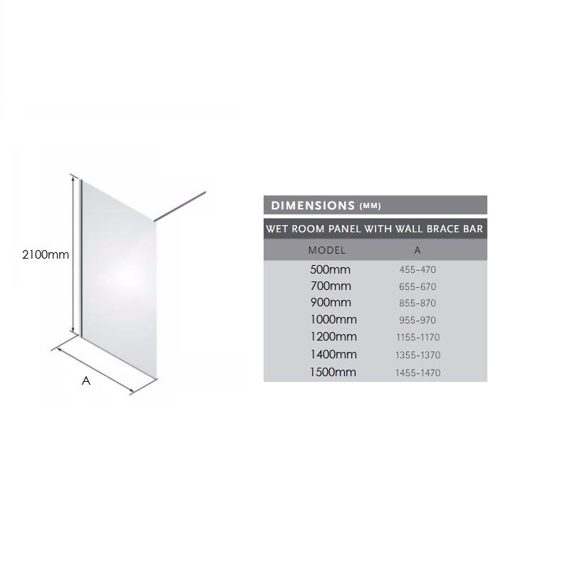 Matki One Wet Room Panel with Wall Brace Bar Specification Drawing