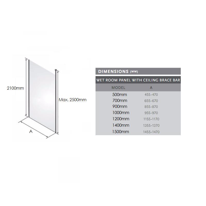 Matki One Wet Room Panel with Ceiling Brace Bar Specification Diagram