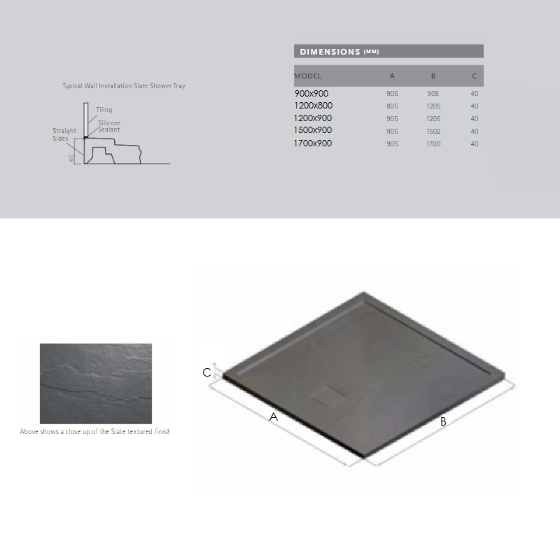 Slate Standard Shower Tray Specification Diagram