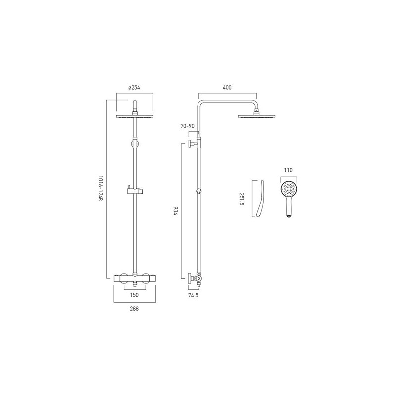 Line drawing of Velo thermo Square shower valve with integrated diverter