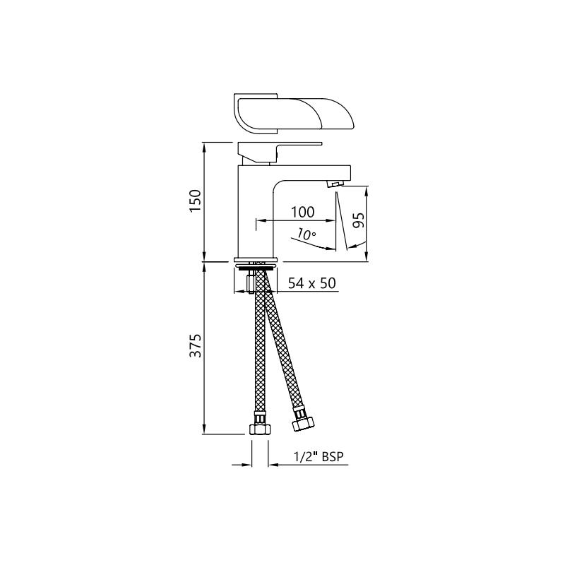 Alive Single Lever Basin Mixer with 375mm Long Braided Hoses & Click Clack Basin Waste, Slotted (ALD-729), HP 1.0 Specification Diagram